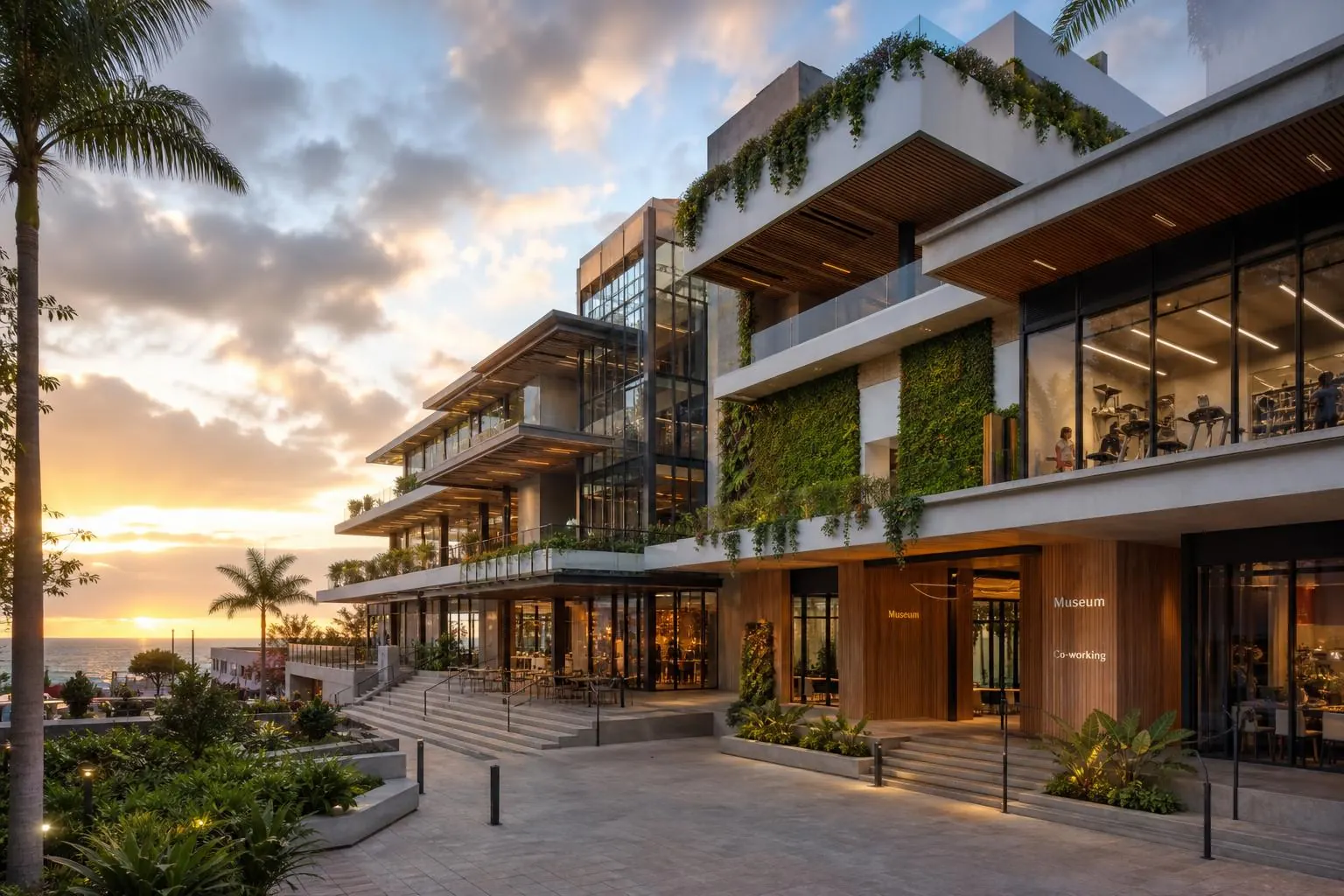 Multifunctional creative hub building with gym, museum, restaurants, co-working, and events