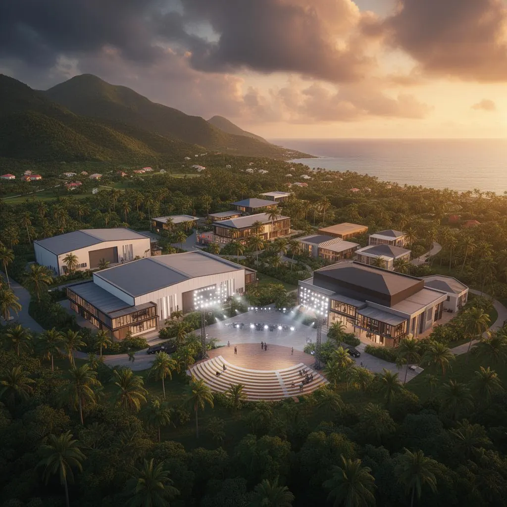 Aerial render of the 20-acre creative campus surrounded by tropical landscape