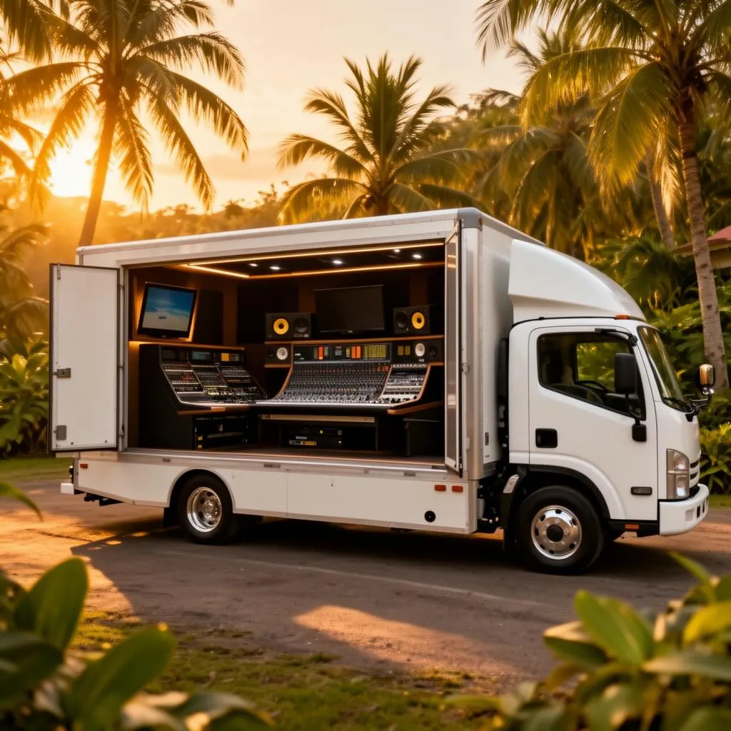 A white-box truck converted into a professional mobile recording studio